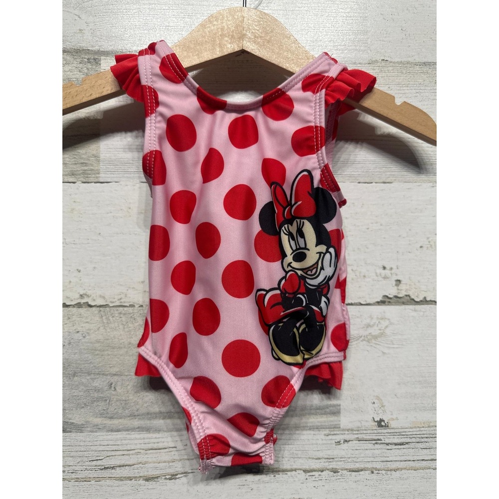 Disney Swimsuit Girls 3M Pink Red Polka Dot Minnie Mouse Ruffle EUC